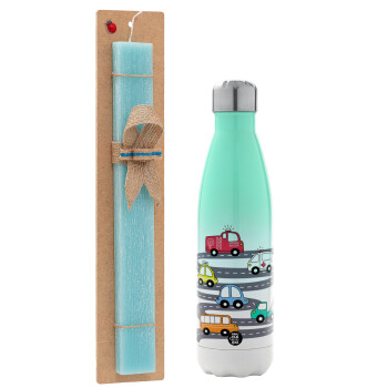 Hand drawn childish set with cars, Easter Set, Metallic green/white thermos (Stainless steel), double-walled, 500ml & scented flat Easter candle (30cm) (TURQUOISE)