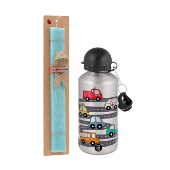 Hand drawn childish set with cars, Easter Set, metallic silver aluminum water bottle (500ml) & scented flat Easter candle (30cm) (TURQUOISE)