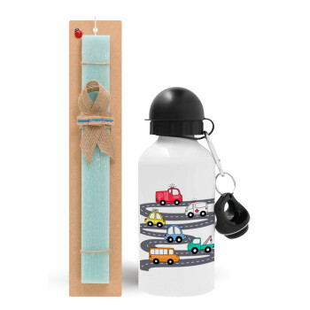 Hand drawn childish set with cars, Easter Set, metallic aluminum water bottle (500ml) & scented flat candle (30cm) (TURQUOISE)