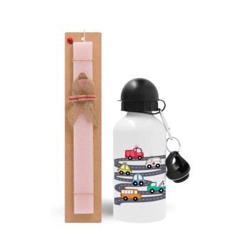 Hand drawn childish set with cars, Easter Set, metallic aluminum bottle (500ml) & aromatic flat Easter candle (30cm) (PINK)