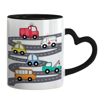 Hand drawn childish set with cars, Mug heart black handle, ceramic, 330ml