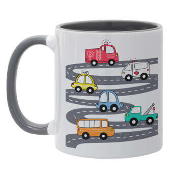 Hand drawn childish set with cars, Mug colored grey, ceramic, 330ml