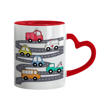 Hand drawn childish set with cars, Mug heart red handle, ceramic, 330ml