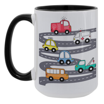 Hand drawn childish set with cars, Κούπα Mega 15oz, κεραμική Μαύρη, 450ml