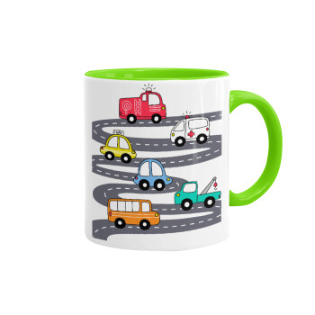 Hand drawn childish set with cars, Mug colored light green, ceramic, 330ml