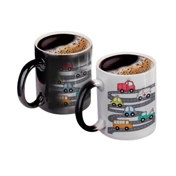 Hand drawn childish set with cars, Color changing magic Mug, ceramic, 330ml when adding hot liquid inside, the black colour desappears (1 pcs)