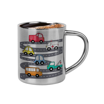 Hand drawn childish set with cars, Double-wall metal cup for espresso (220ml)