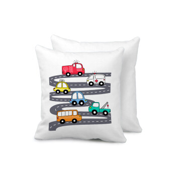 Hand drawn childish set with cars, Sofa cushion 40x40cm includes filling