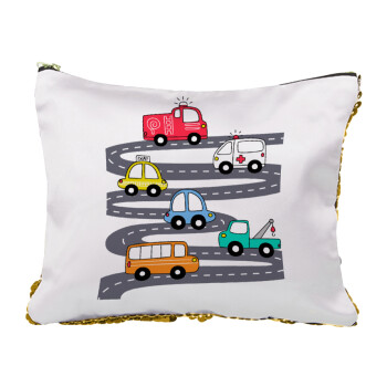 Hand drawn childish set with cars, Sequin Gold Pouch Cosmetic Bag