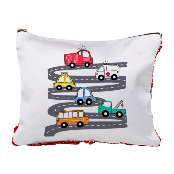 Hand drawn childish set with cars, Red sequin cosmetic bag