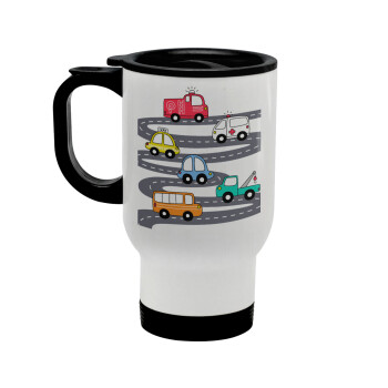 Hand drawn childish set with cars, Stainless steel travel mug with lid, double wall white 450ml