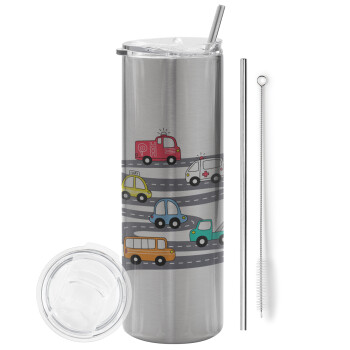 Hand drawn childish set with cars, Eco friendly ποτήρι θερμό Ασημένιο (tumbler) από ανοξείδωτο ατσάλι 600ml, με μεταλλικό καλαμάκι & βούρτσα καθαρισμού