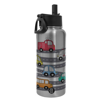 Hand drawn childish set with cars, Metal mug thermo Silver with Straw and Spout Lid (Stainless steel), double wall, 950ml