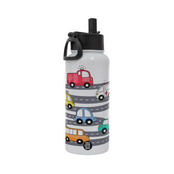 Hand drawn childish set with cars, Metal mug thermo White with Straw and Spout Lid (Stainless steel), double wall, 950ml