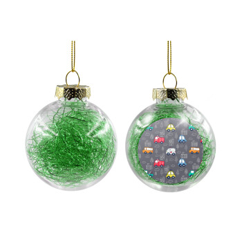 Hand drawn childish set with cars, Transparent Christmas tree ball ornament with green filling 8cm