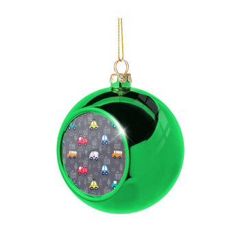 Hand drawn childish set with cars, Green Christmas tree ornament ball 8cm