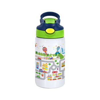 City road track maps, Children's hot water bottle, stainless steel, with safety straw, green, blue (350ml)