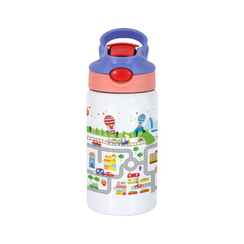 City road track maps, Children's hot water bottle, stainless steel, with safety straw, pink/purple (350ml)