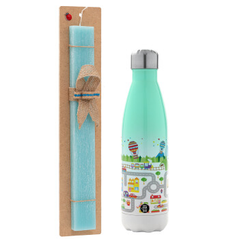 City road track maps, Easter Set, Metallic green/white thermos (Stainless steel), double-walled, 500ml & scented flat Easter candle (30cm) (TURQUOISE)