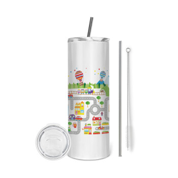 City road track maps, Eco friendly ποτήρι θερμό (tumbler) από ανοξείδωτο ατσάλι 600ml, με μεταλλικό καλαμάκι & βούρτσα καθαρισμού