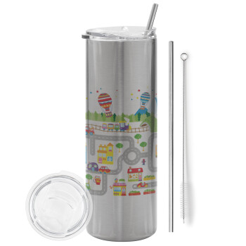 City road track maps, Eco friendly stainless steel Silver tumbler 600ml, with metal straw & cleaning brush