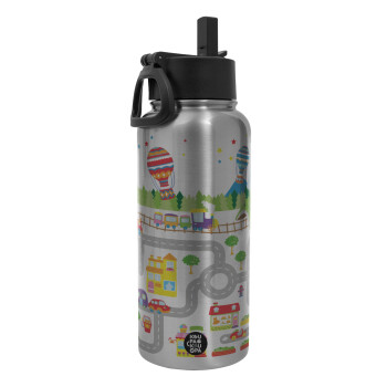 City road track maps, Metal mug thermo Silver with Straw and Spout Lid (Stainless steel), double wall, 950ml