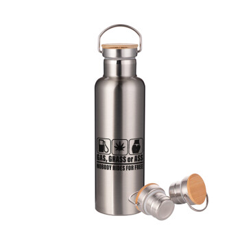 Gas, Grass or Ass, Stainless steel Silver with wooden lid (bamboo), double wall, 750ml