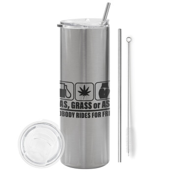 Gas, Grass or Ass, Eco friendly ποτήρι θερμό Ασημένιο (tumbler) από ανοξείδωτο ατσάλι 600ml, με μεταλλικό καλαμάκι & βούρτσα καθαρισμού