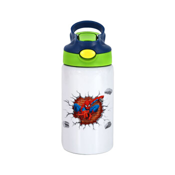 Spiderman wall, Children's hot water bottle, stainless steel, with safety straw, green, blue (350ml)