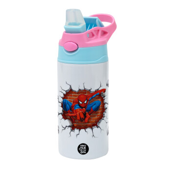 Spiderman wall, Children's hot water bottle, stainless steel, with safety straw, Pink/BlueCiel (360ml) BPA FREE