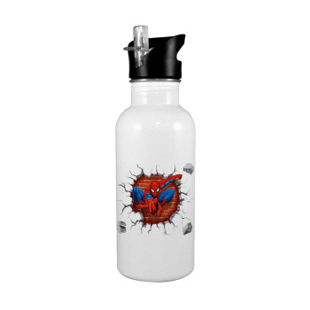 Spiderman wall, White water bottle with straw, stainless steel 600ml