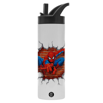 Spiderman wall, Metallic thermos bottle with straw & handle, stainless steel (Stainless steel 304), double-walled, 600ml.