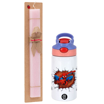 Spiderman wall, Πασχαλινό Σετ, Παιδικό παγούρι θερμό, ανοξείδωτο, με καλαμάκι ασφαλείας, ροζ/μωβ (350ml) & πασχαλινή λαμπάδα αρωματική πλακέ (30cm) (ΡΟΖ)