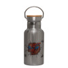 Stainless steel metallic thermos flask, silver with a bamboo lid, double-walled, 350ml.