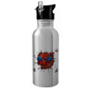 Water bottle Silver with straw, stainless steel 600ml