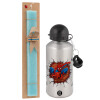 Easter Set, metallic silver aluminum water bottle (500ml) & scented flat Easter candle (30cm) (TURQUOISE)