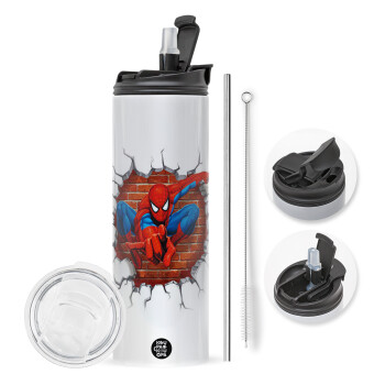 Spiderman wall, Travel Tumbler θερμό με διπλό καπάκι, μεταλλικό καλαμάκι και βούρτσα καθαρισμού (Ανωξείδωτο 304 Food grade, BPA free, 600ml)