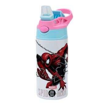 Spider-man, Children's hot water bottle, stainless steel, with safety straw, Pink/BlueCiel (360ml) BPA FREE