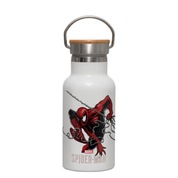 Spider-man, Μεταλλικό παγούρι θερμός (Stainless steel) Λευκό με ξύλινο καπακι (bamboo), διπλού τοιχώματος, 350ml