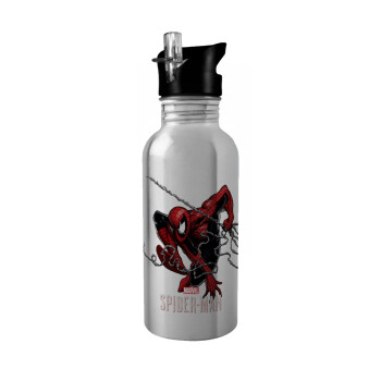 Spider-man, Water bottle Silver with straw, stainless steel 600ml