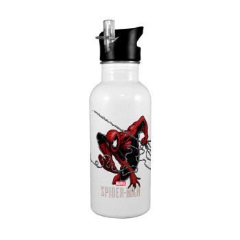 Spider-man, White water bottle with straw, stainless steel 600ml