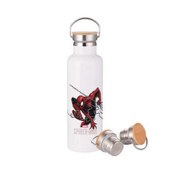 Spider-man, Μεταλλικό παγούρι θερμός (Stainless steel) Λευκό με ξύλινο καπακι (bamboo), διπλού τοιχώματος, 750ml