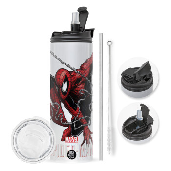 Spider-man, Travel Tumbler θερμό με διπλό καπάκι, μεταλλικό καλαμάκι και βούρτσα καθαρισμού (Ανωξείδωτο 304 Food grade, BPA free, 600ml)