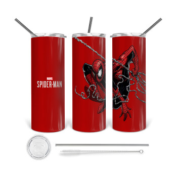 Spider-man, Tumbler ποτήρι θερμό από ανοξείδωτο ατσάλι 600ml, με μεταλλικό καλαμάκι & βούρτσα καθαρισμού