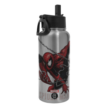 Spider-man, Metal mug thermo Silver with Straw and Spout Lid (Stainless steel), double wall, 950ml