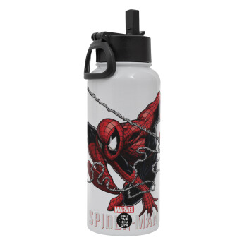 Spider-man, Metal mug thermo White with Straw and Spout Lid (Stainless steel), double wall, 950ml