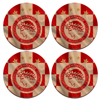 Olympiakos flag, ΣΕΤ x4 Σουβέρ ξύλινα στρογγυλά plywood (9cm)