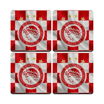 Olympiakos flag, ΣΕΤ 4 Σουβέρ ξύλινα τετράγωνα (9cm)