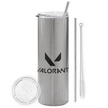 Valorant, Eco friendly stainless steel Silver tumbler 600ml, with metal straw & cleaning brush