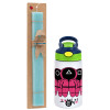 Easter Set, Children's thermal stainless steel bottle with safety straw, green/blue (350ml) & aromatic flat Easter candle (30cm) (TURQUOISE)